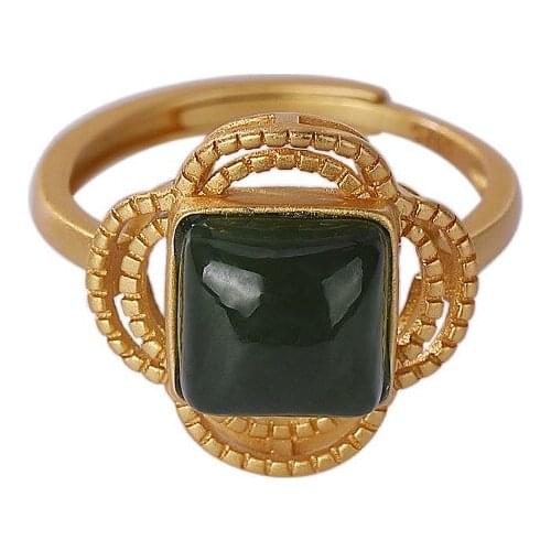 925 sterling silver gold plated Hetian jade ring Jasper vintage personality hollow out four-leaf clover square ladies ring