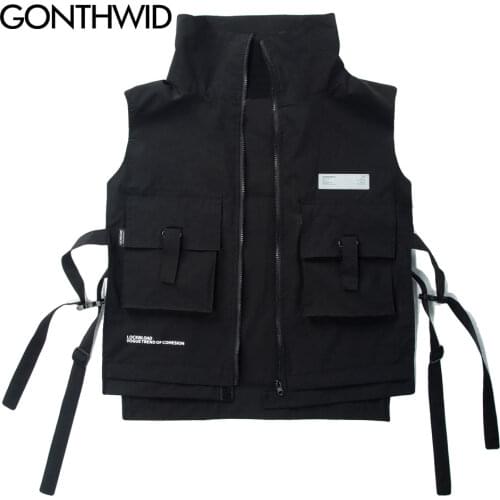 GONTHWID Multi Zipper Pockets Cargo Waistcoat Tooling Vest Streetwear Men Fashion Side Ribbon Buckle Zip Sleeveless Jackets Tops