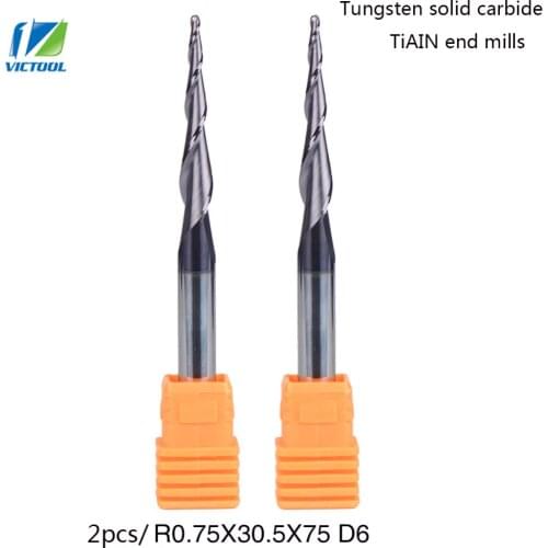 2pcs/lot R0.75*D6*30.5*75L*2F solid carbide Coated Ball Nose Tapered End Mills cone type cnc milling cutter