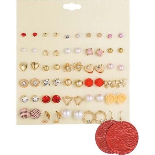 30 Pairs/set Stud Earrings Crystal Simulated Pearl Mix Flower Heart Triangle Round Geometry Ear Studs Womens New Korean Jewelry