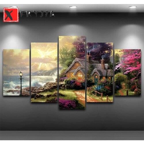 5pcs Diamond painting Seashore Cottage,full round square diamond Multi Pane embroidery 5D DIY full round square Diamond painting