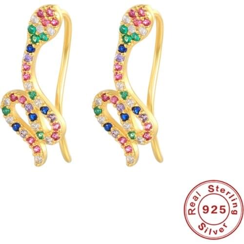 GS 925 Sterling Silver Rainbow Zircon Snake Earring Climber For Women Delicate Crystal Line Ear Crawlers Rock Punk Jewelry