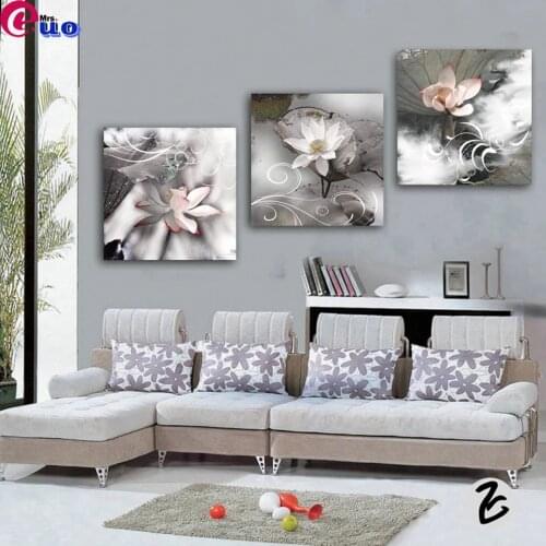 Full Square/Round Diamond Painting 5d 3 Pcs Vintage Flowers Lotus DIY Diamond Embroidery Mosaic Triptych Handmade Gift 3 pcs