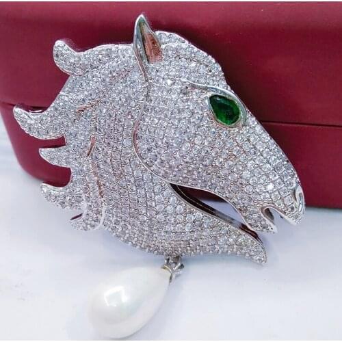 Bling Animal Head Brooch with Drop Pearl Broche Pin Stylish Full CZ Zircon Brooches Jewelry Christmas Popular Gift for Men Women