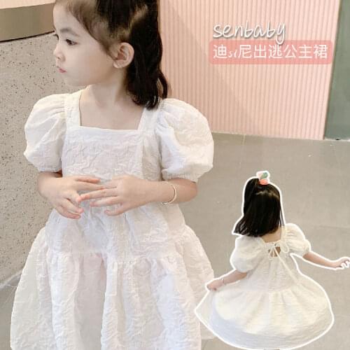 Childrens 2021 new girl princess dress white square collar three-dimensional flower bubble sleeves dress kids clothes