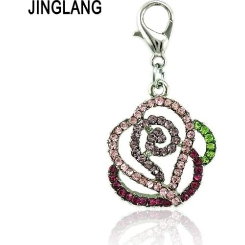 JINGLANG Fashion Silver Color Lobster Clasp Charms Multicolor Crystal Flower DIY Charms For Jewelry Making Accessories