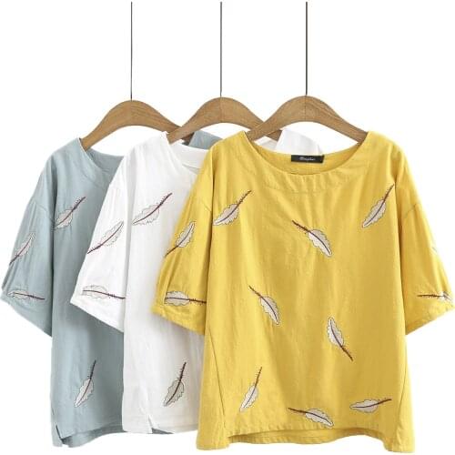 Summer T-Shirt Women Clothes Tees 2021 Casual Plus Size Tops Embroidery Feather Cotton Linen Camiseta Mujer