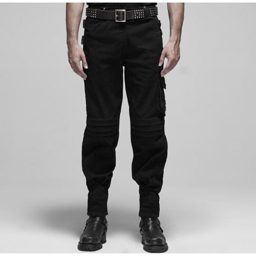 PUNK RAVE Mens Military Uniform False Two-piece Crumple Pants Punk Style Metal Button Personality Beam Feetl Daily Trousers