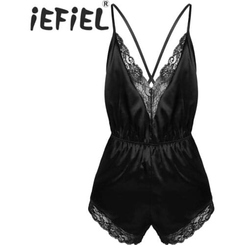 Mens Male Underwear Jumpsuit Lingerie Adjustable Spaghetti Strap Lace Trimmed Jumpsuit Satin V-neck Pajamas Sleepwear Nightwear