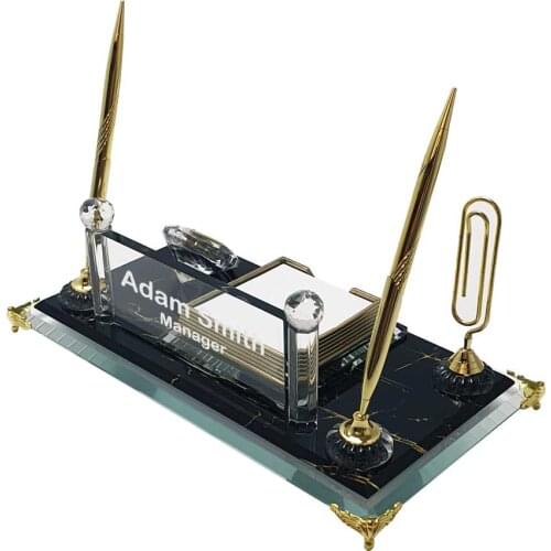 Crystal Glass Desk Name Plate and Pen Desk Stand Set - Personalized Name Plate, Crystal Clock, Custom Engraved Awards, Teachers