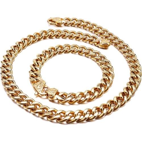 24''+8.5'' set Gold / black tone Stainless steel mens jewelry set Cuban curb chain link bracelet+ necklace set 11mm wide