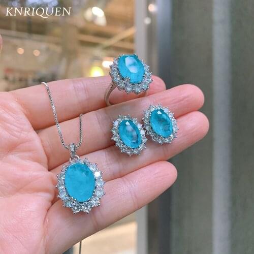 Charms 925 Sterling Silver Paraiba Tourmaline Lab Diamond Ring Earrings Pendant Necklace Womes Wedding Party Fine Jewelry Sets