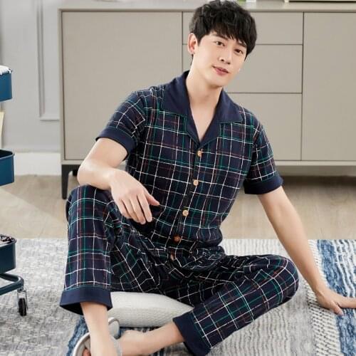 Newest Plus Size M-4XL Men Sleepwear Plaid Printed Pijamas Short Sleeve Turn-down Collar Pyjama Male Homewear