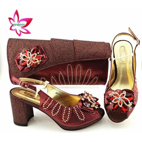 Latest Comfortable High Heels Shoes Matching Bag in Wine Color Fashionable African Women Sandals for Garden Party