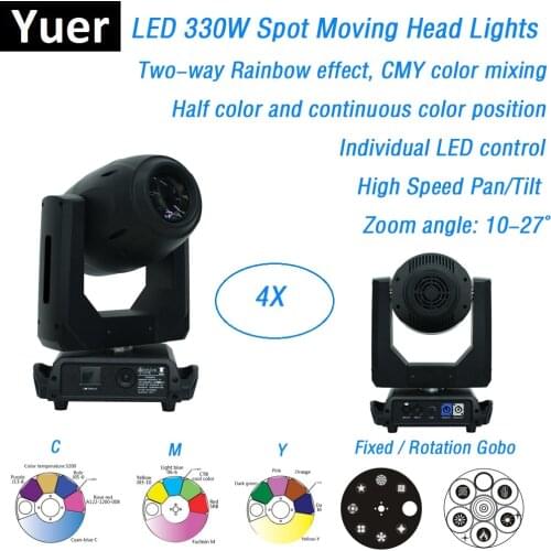4 Units New LED Spot 330W Moving Head Gobo Lights DMX512 Moving Head Zoom Lights 3 Facet Prism CMY Color Mixing DMX Disco Light