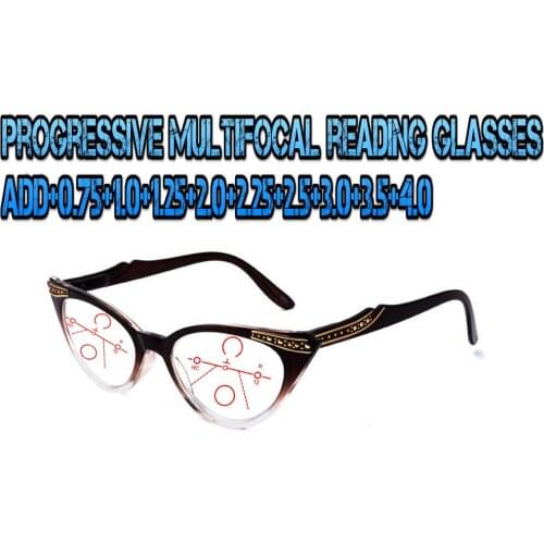 Progressive Multifocal Anti Blu Light Reading Glasses Red Metal Frame Men Women High Quality Cats Eye Large Size Frame+0.75To+4