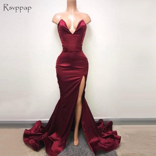 Simple Long Prom Dresses 2021 V-neck Sleeveless Sexy High Slit Burgundy Mermaid African Party Prom Dress