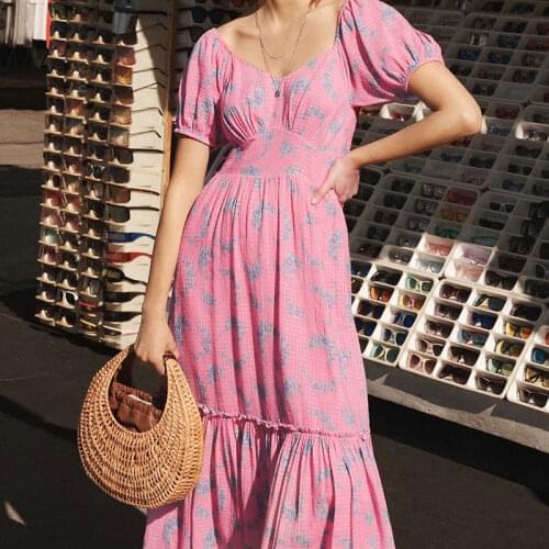 Pink Princess Dresses For Women 2021 Flounced Edge Lantern Sleeve O Neck Loose Lovely High Waist Seaside Vacation Beach Dress