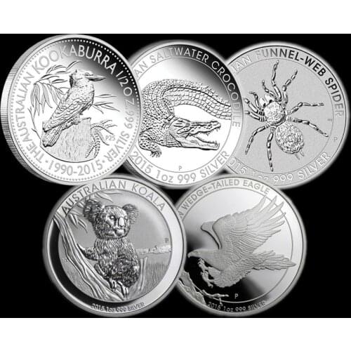 High Quality 5pcs/lot Australia 1 One Troy Oz Silver Plated Coins Spider + crocodile + koala +Wedge Eagle+ kookaburra