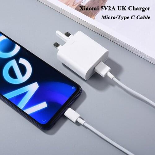 Xiaomi 5V 2A Charger UK Plug Wall Power Adapter 80/100CM Micro USB Type C Cable For Mi 9 8 SE 6 CC9 CC9E A3 5C Redmi S2 7A 4X 6