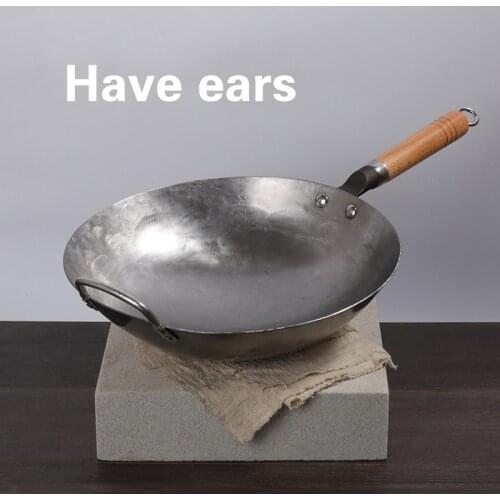 Wooden handle made iron wok Chinese Handmade Iron pot Round bottom non stick wok gas cooker household cooking Kitchen Cookware