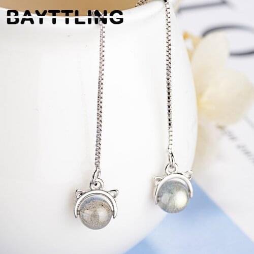 BAYTTLING New 925 Sterling Silver Cute Cat Pendant Moonstone Tassel Earrings For Woman Fashion Wedding Couple Jewelry Gift