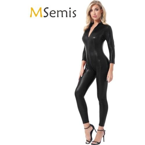 Womens Zipper Catsuit Skinny Jumpsuit Patent Leather Plaid Bodysuit Club Show Costume High Neck Long Sleeve Female Rave Clubwear