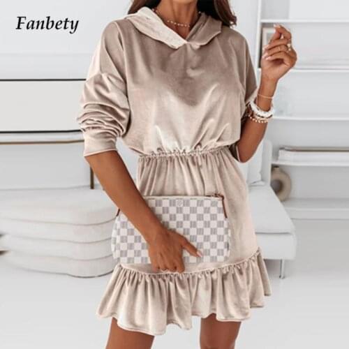 Lady Elegant Long Sleeve Ruffle Party Dress Women Casual Hooded Pullover Dress Solid Elastic Waist 2021 Autumn Velvet Mini Dress