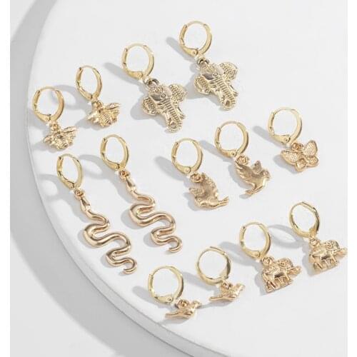 13 Pcs/Set Cute Gold Elephant Bird Snake Bee Butterfly Butterfly Pendant Dangle Earrings for Women Sweet Party Earrings Jewelry