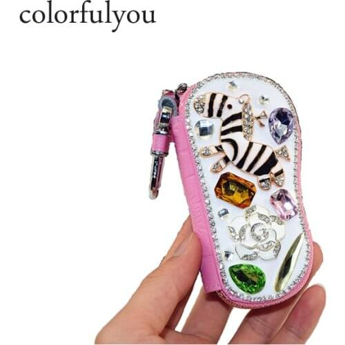 2019 Fashion Diamonds Zebra Pattern Car Key Wallets Metal Keychain Shining Crystal Genuine Leather Key Bag Gift For Women Men