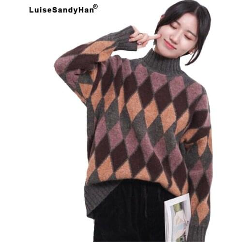 2021 spring new womens sweater diamond lattice pullover long-sleeved o- neck fashion casual sweater