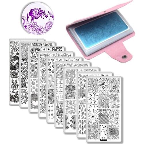 9 Nail Plates +1 Stamper + 1 Scraper +1 Storage Bag Creative Nail Art Image Stamp Stamping Plate Manicure Template Nail Art Tool
