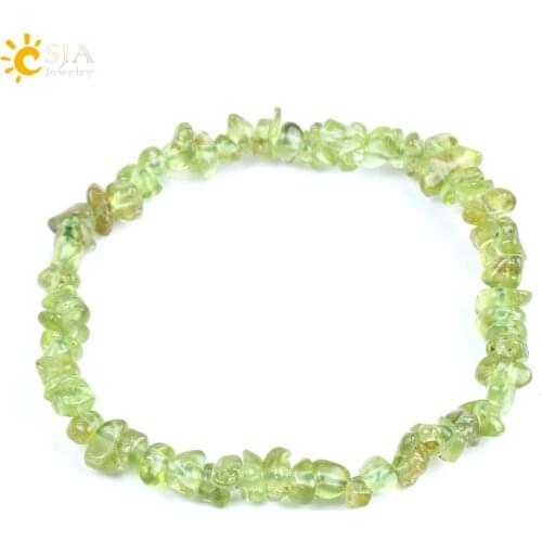 CSJA Irregular Natural Stone Bracelet Olivine Small Gravel Beads Green Crystal Fashion Bangles DIY for Girls Ladies Jewelry F155
