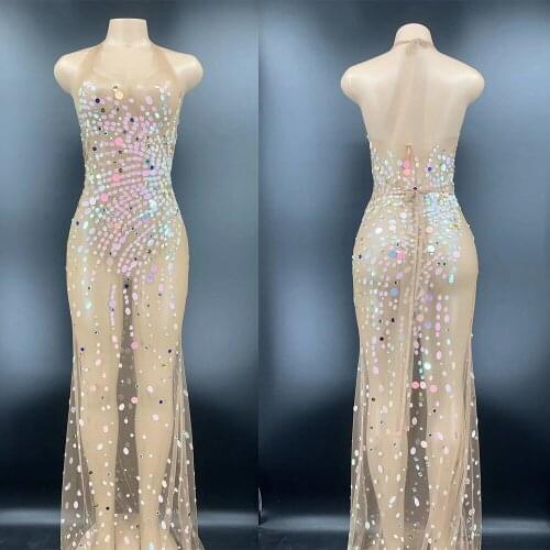 Shining Sequined Halter Mesh Perspective Long Dresses Sleeveless Backless Women Dresses Birthday Party Outfit Nightclub Costumes