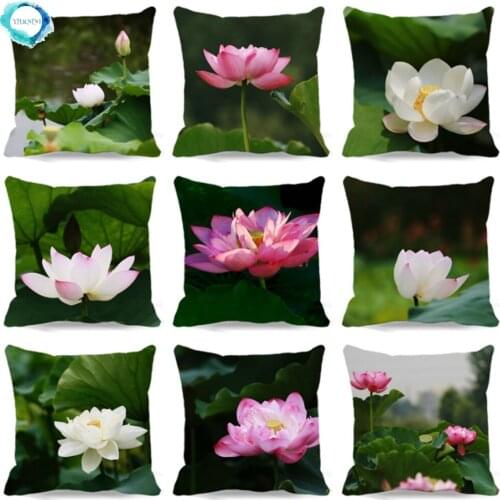 Plant Pink White Lotus Pattern Square Polyester Cushion Cover Bedroom Chair Sofa Seat Pillow Case 45X45CM Fundas De Cojin