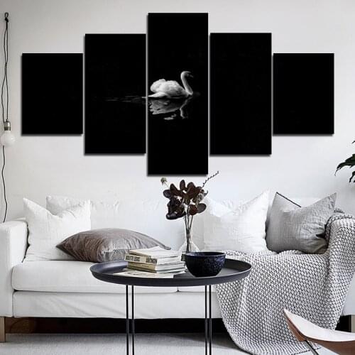 Black Background Interchangeable White Swan Canvas Painting 5pcs Animal Poster HD Printing Home Decoration