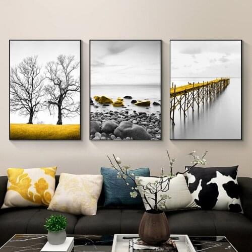 Black Yellow Landscape Photography Poster Print Lake Bridge Nordic Canvas Painting Wall Art Picture for Living Room Home Decor