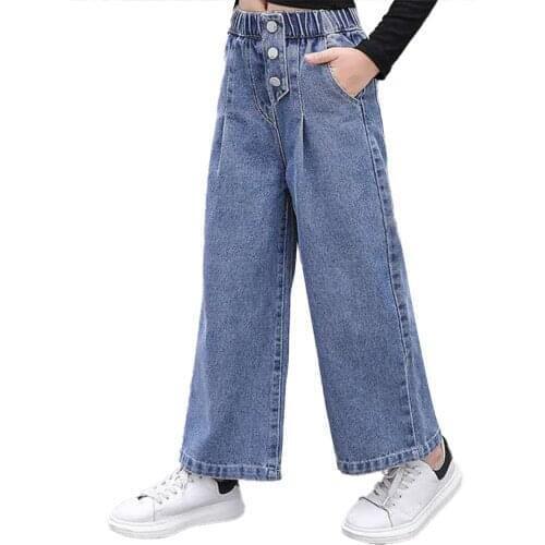 Girls Jeans 2021 Autumn Loose Straight Wide Leg Pants Kids Trousers Jeans For Teenage Girls 5-14 Years High Waist Denim Pants