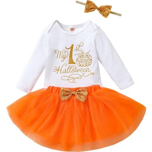 OPPERIAYA Kids Baby Girls My 1st Halloween Clothes Casual Set Printed Pattern Long Sleeve Bodysuit Orange Yarn Skirt Headdress