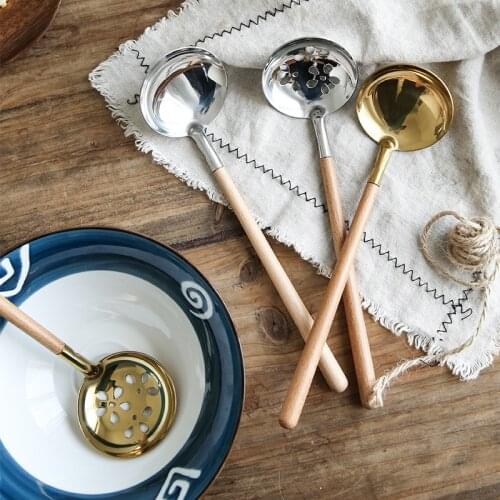 2PCS Gold Soup Spoon Ladle Colander Long wood Handle Kitchenware Cookware Serving Spoon Soup Spoon for Cooking Utensil