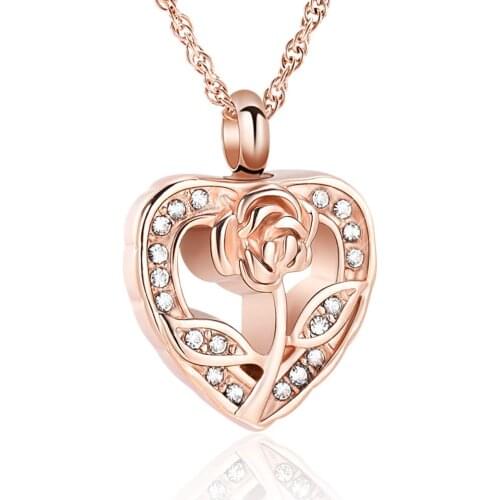 Cremation Jewelry Urn Ashes Necklace Rose Flower Crystals Heart Locket Keepsake Pendant for Human Pet Ashes