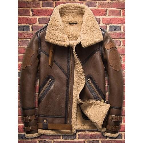 2020 New Mens B3 Sheepskin Shearling Jacket Brown Motorcycle Jacket Hunting Fur Coat Short Bomber Jacket