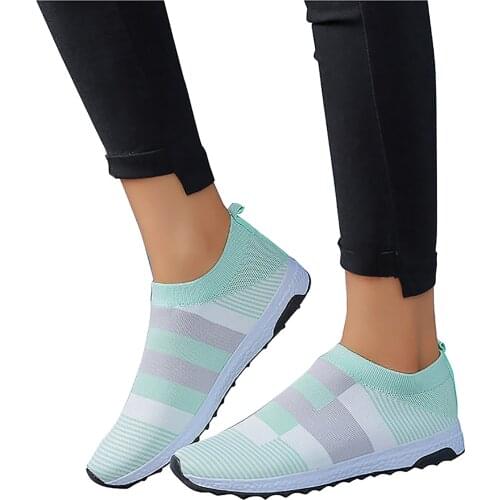Color Wave Striped Print Girls Stylish Lightweight Casual Mesh Slip On Shoes Womens Vulcanized Flats White Loafers Sport Shoes