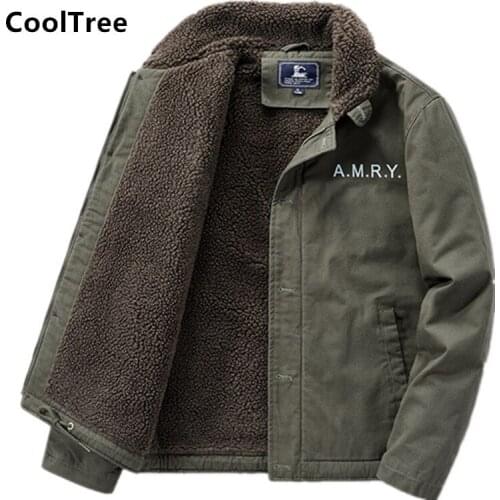 CoolTree Men Cotton Jackets Autumn Winter Fleece lining Thick Warm Coats Male Solid color Fur collar Outerwear Brand Clothing