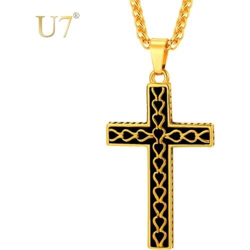U7 Necklace Stainless Steel Cross Pendant&Chain With Heart Pattern Gold/Black Color Men/Women Christian Jewelry Necklaces P1150