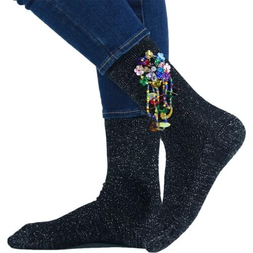 Silver Glitter Textile Socks Girls Sequins Hand-sewn Independent Design Personality Womens Socks Cool Street