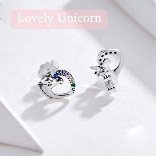 Binoster Lucky Licorne Stud Earrings for Girl Multicolor Horse Ear Studs 925 Sterling Silver Anti-allergy Jewelry for Kids