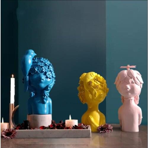 Nordic Style Resin Cute Blue White Bird Girls Decorative Figurines Office Livingroom Desktop Statue Home Furnishing Decor Crafts