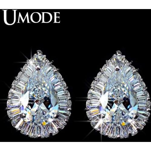 UMODE Classical! Pear shaped CZ Cubic Zirconia with Rectangle small CZ surrounded Tear Stud Earring UE0029