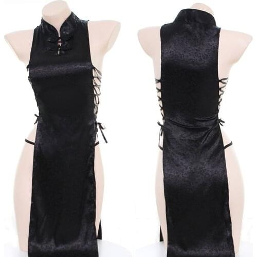 Women Black Bandage Hollow Out Cheongsam Pajamas Young Girl Classical Nightdress Both sides High Split Sexy Sleepwear Cosplay